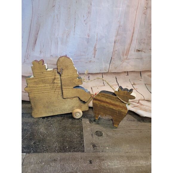 Wooden cow Santa Claus sleigh gifts mistletoe figured decor Xmas - Picture 6 of 6